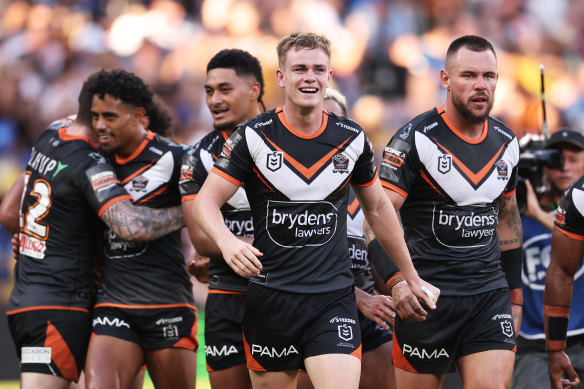 Lachlan Galvin celebrates the Tigers' win.