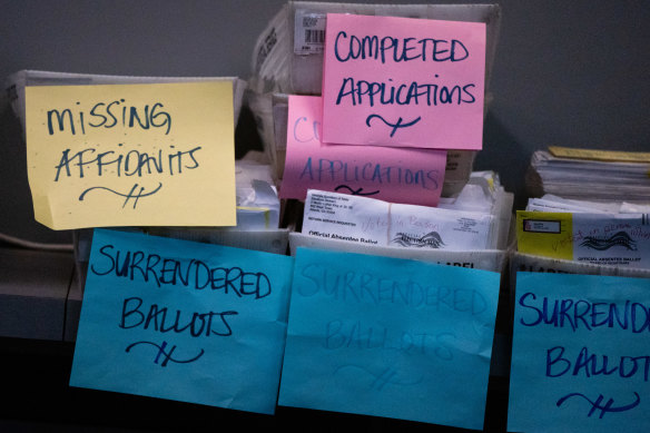 Boxes of ballots and applications at an elections office in Georgia on November 5, 2020.