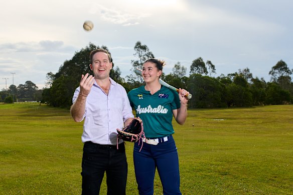 Logan Mayor Jon Raven and Australian international softballer Kayla Waller at the site of what they hope will be the baseball and softball stadium at Brisbane 2032.