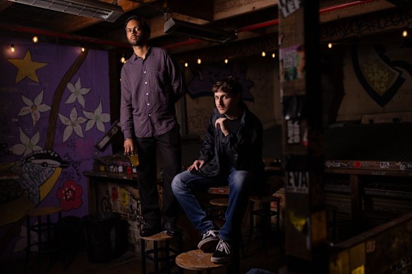Karan Dwivedi (left) and Ata Bal, of Gigged Out, before a gig at the Lord Gladstone in Chippendale.