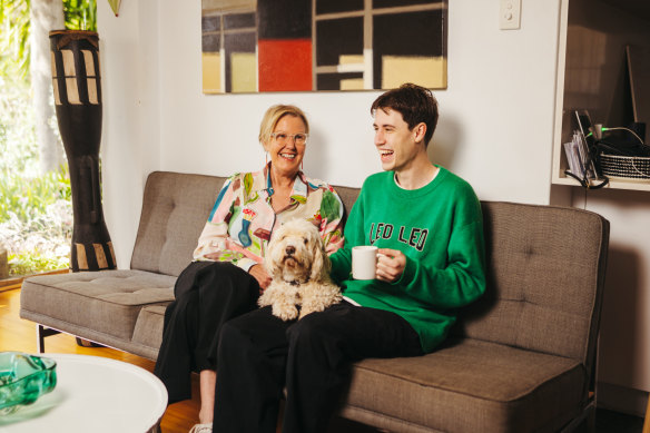 Janine Collins with her 24-year-old son Angus in the family home in Coogee.