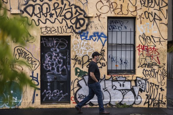 A property damaged with graffiti in Richmond in the City of Yarra.