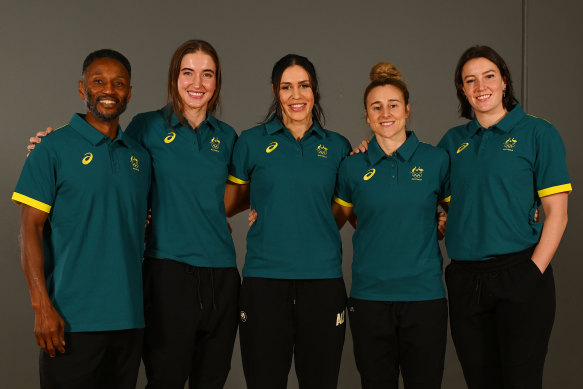 Australia’s 3x3 Women’s team: Anneli Maley, Alex Wilson, Lauren Mansfield and Marena Whittle pose with head coach, Damon Lowery, far left.