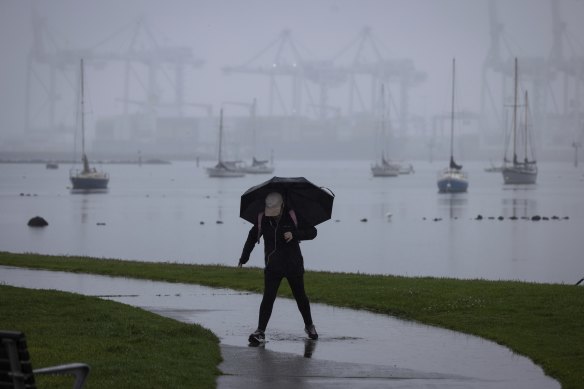 Walkers brave the rain in Williamstown. Extreme weather is forecast for Monday.