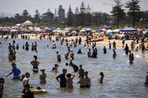 Beachgoers still flocked to the water at Elwood beach despite an earlier EPA alert regarding a vegetable oil spill.