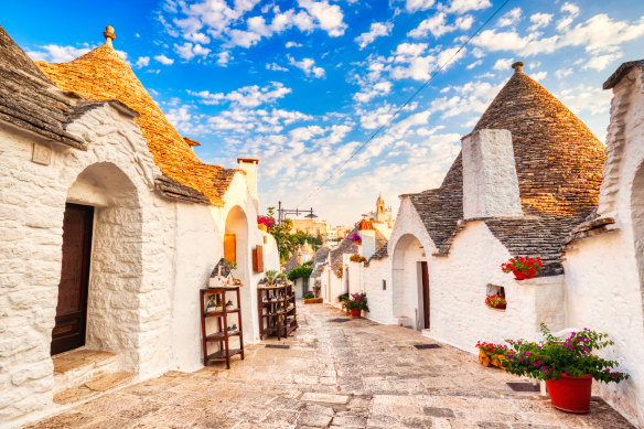 The Puglia region is well known for its white-washed “trulli” houses.