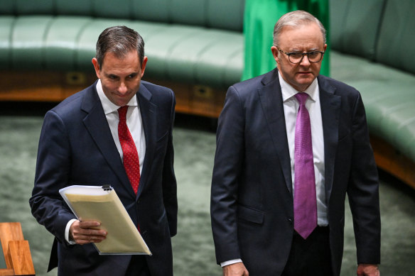 Australia’s Treasurer Jim Chalmers (L) and Prime Minister Anthony Albanese arrive before Chalmers delivers his budget speech at Parliament House.