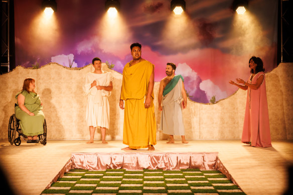 Mia Boonan, Zachary Pidd, Samuel Gaskin, İbrahim Halaçoğlu, and Sonya Suares in Peacemongers.