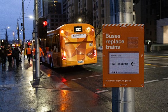 A replacement bus on Saturday night outside Parliament station. 