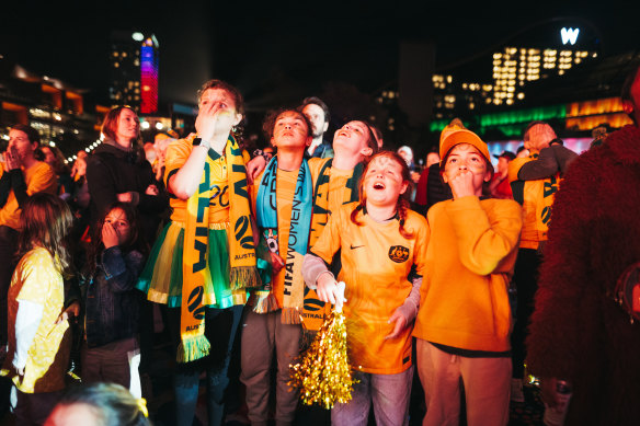 Fans at Tumbalong Park in Darling Harbour watch Australia play France on Saturday.