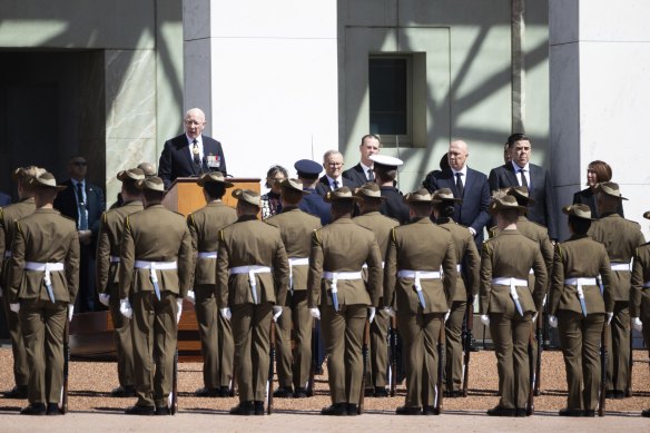Governor-General David Hurley, Prime Minister Anthony Albanese and Opposition Leader Peter Dutton during the proclamation ceremony for King Charles III, at Parliament House on Sunday.