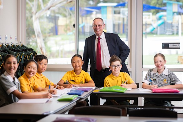 Templeton Primary School principal Rod McKinlay photographed with year 5 students, from left, Eden, Jessica, Leon, Grace, Xavier and Tegan.
