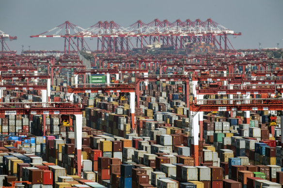 Shipping containers at a port in Shanghai, where congestion is worsening due to COVID-19 restrictions. 