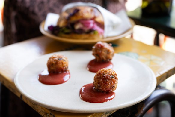 A trio of taro fritters is a great bar snack but comically tiny for lunch at Boire in North Melbourne. 