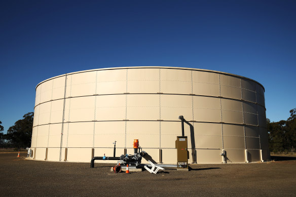 A water storage tank stands at the Santos Ltd. Leewood water treatment facility in Narrabri.