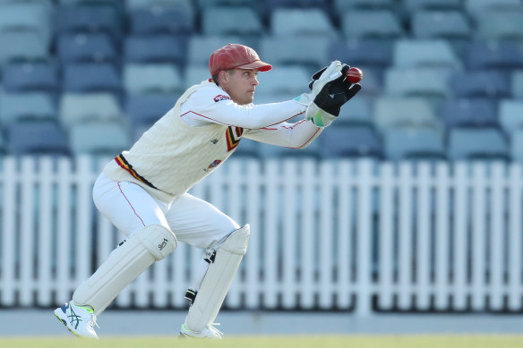 Alex Carey keeps for South Australia in the Sheffield Shield match against Western Australia last month.