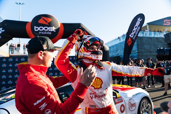 Brodie Kostecki celebrates after winning pole position at Bathurst on Saturday.