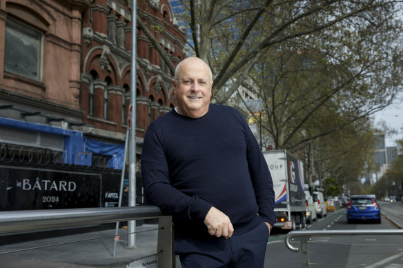 Melbourne restaurateur Chris Lucas in front of his new project on Bourke Street, Melbourne.