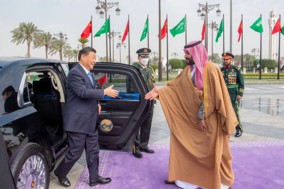 Chinese President Xi Jinping, left, shakes hands with Saudi Crown Prince and Prime Minister Mohammed bin Salman, on arrival at Al Yamama Palace, in Riyadh in December 2022.