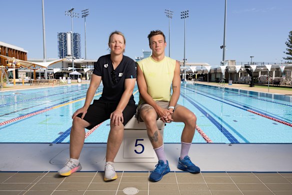 Swimming coach Mel Marshall with Australian swimmer Zac Stubblety-Cook at the Gold Coast Aquatic Centre in January 2025.