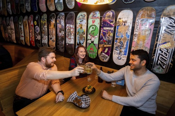 Will (left), Rhiannon (centre) and Sid (right) on their “blind friend date” through Foura. The fourth member of the group, Gaby, asked not to be photographed for privacy reasons.