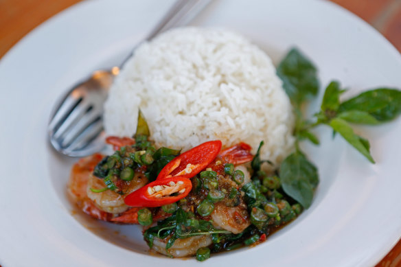 Chilli basil prawns at Jinda Thai in Abbotsford.