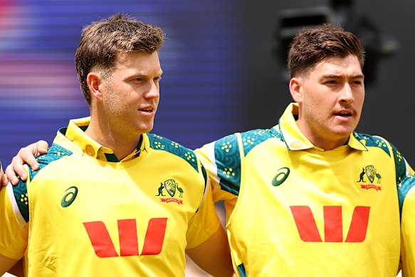 Mitch Owen and Matt Renshaw of Australia look on ahead of their debuts. 