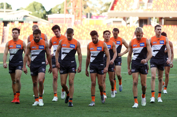 The Giants leave the ground after being upset by the Roos.
