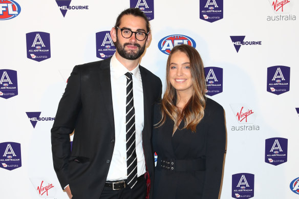 Star Collingwood ruckman Brodie Grundy with his partner Rachael Wertheim, who is a physio working in hospital emergency and intensive care wards.