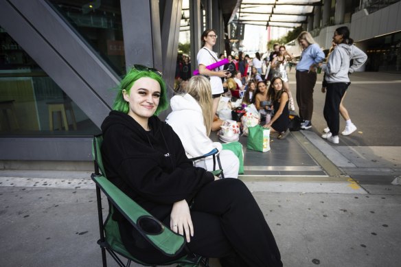 Rayne Wrighton-Smith, 20, waiting in line for the Harry Styles concert at Marvel Stadium.
