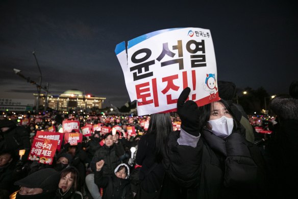 A protest against President Yoon Suk Yeol outside Seoul’s national assembly on Saturday.
