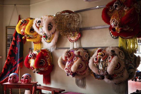 Lion heads on the wall of the Chinese Masonic Society Lion Dance Team’s headquarters in Melbourne’s Chinatown.