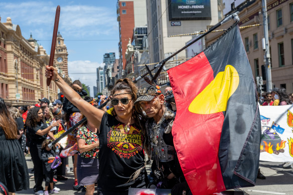 Then Greens senator Lidia Thorpe, who advocates for treaty before Indigenous Voice, taking part in this year’s Victorian Invasion Day rally. 