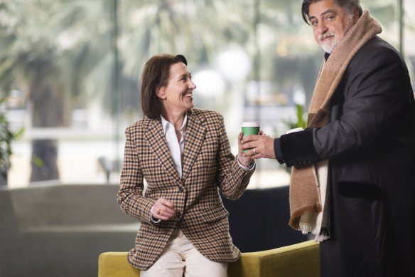 Trioli accepts a coffee from fellow broadcaster Matt Preston just minutes after finishing her shift on Thursday.