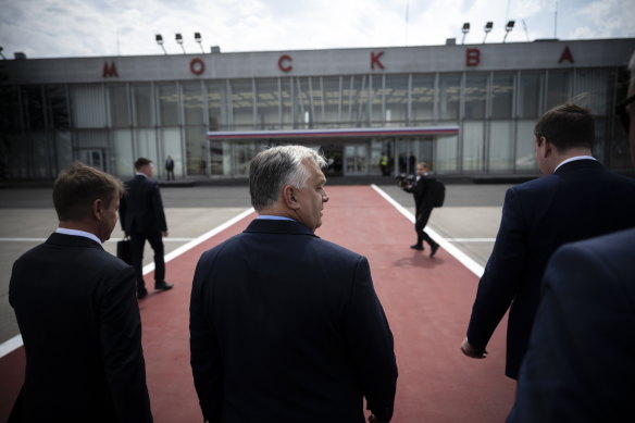 Hungarian Prime Minister Viktor Orban arrives in Moscow on Friday.