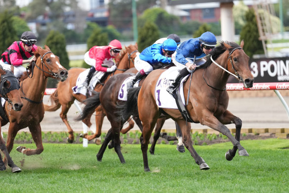 Charm Stone charges away with the Atlantic Jewel Stakes at Moonee Valley last time.