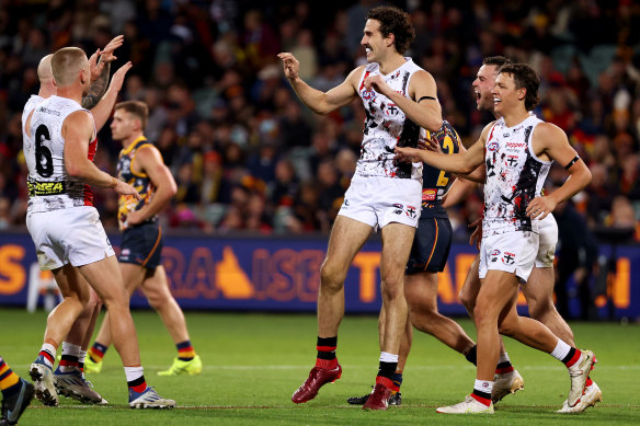 Max King, centre, was flawless against Adelaide. 