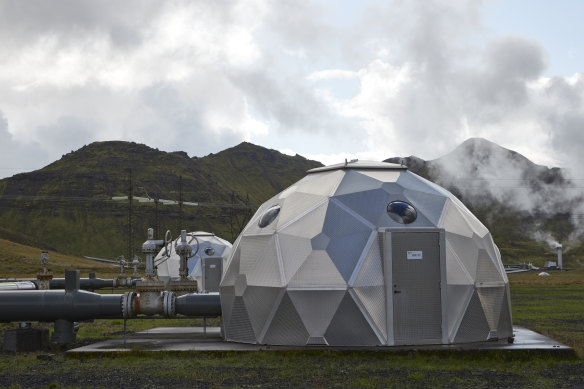 Pods, operated by Carbfix, containing technology for storing carbon dioxide underground, in Hellisheidi, Iceland. Startups Climeworks and Carbfix are working together to store carbon dioxide removed from the air deep underground.