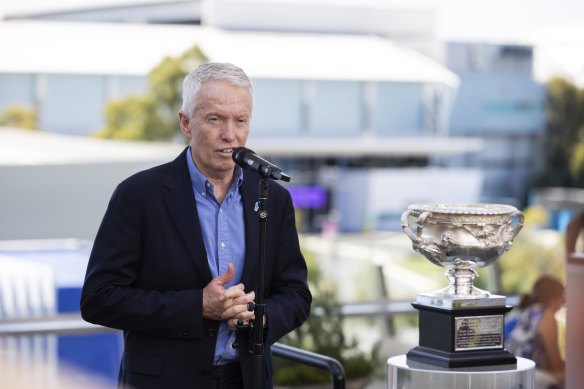 Tennis Australia CEO Craig Tiley speaks to the media about the 2024 Australian Open at Olympic Park.
