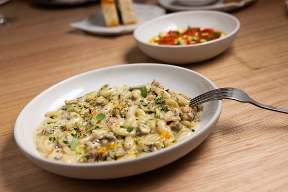 Cavatelli pasta with pork and fennel sausage, large enough to share between two.