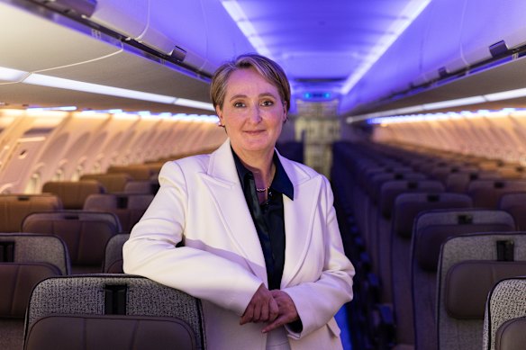 Qantas CEO Vanessa Hudson aboard the unfinished Airbus 321XLR which Qantas will soon take delivery of.