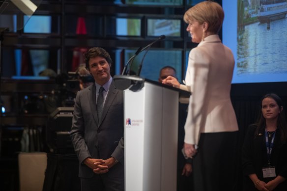 Canada’s Prime Minister Justin Trudeau listens to Julie Bishop, Australia’s former foreign affairs minister, at the Australia-Canada Economic Leadership Forum in Toronto.