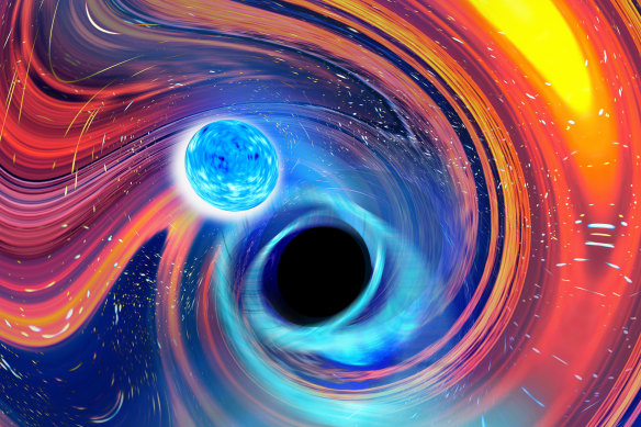 This illustration depicts a black hole, centre, swallowing a neutron star, upper left. 