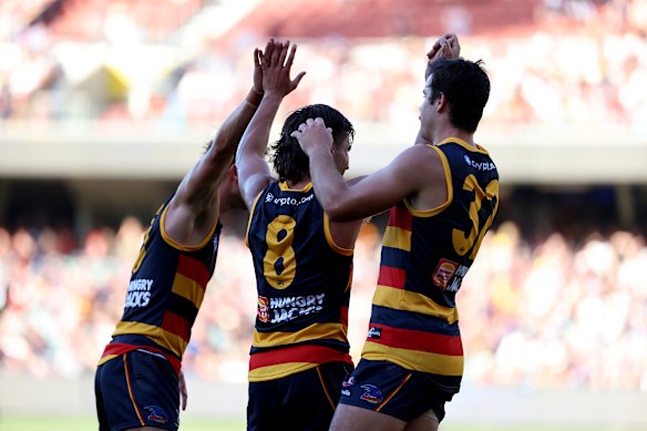 Josh Rachele celebrates one of his five goals.