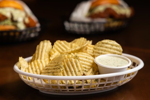 The menu is currently hot chip-free, but you can get a basket of Smith’s Salt & Vinegar crisps with ranch.