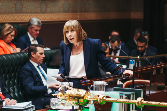 Transport Minister Jo Haylen speaking at NSW Parliament on Tuesday. The Minns government has been damaged by the scandal surrounding her appointment of a one-time Labor staffer to the position of department secretary.