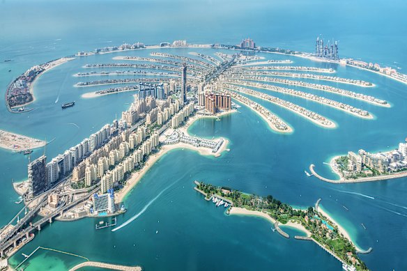 Uma vista aérea da ilha Dubai Palm Jumeirah.