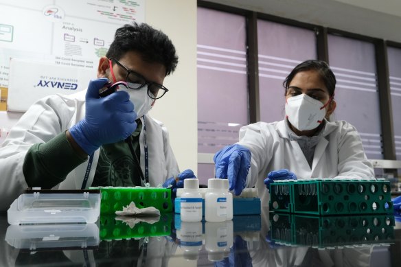 A technician uses a pipette while preparing test samples in a COVID-19 genome sequencing laboratory at the Institute of Liver and Biliary Sciences in New Delhi, India.