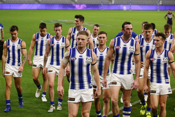 Kangaroos players leave the field after their loss against Fremantle at a closed Optus Stadium on the weekend. 