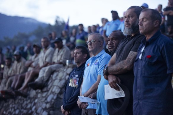 Prime Minister of Australia Anthony Albanese and Prime Minister of Papua New Guinea James Marape Isurava memorial site during Dawn Services on ANZAC Day in Papua New Guinea on April 25, 2024.